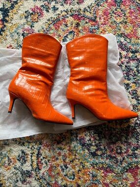 PrettyLittleThing Orange Croc-Embossed Pointed Mid-Calf Heeled Boots